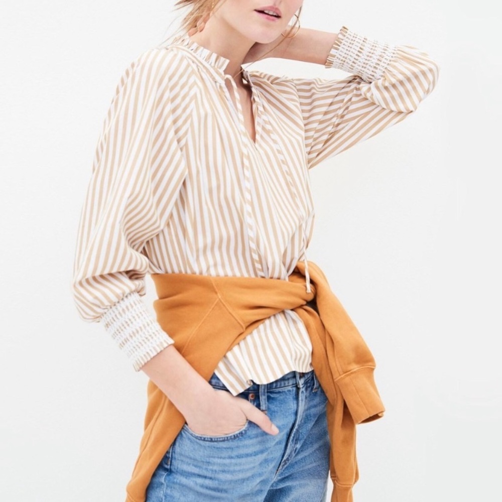 J. Crew Beige and White Striped Blouse